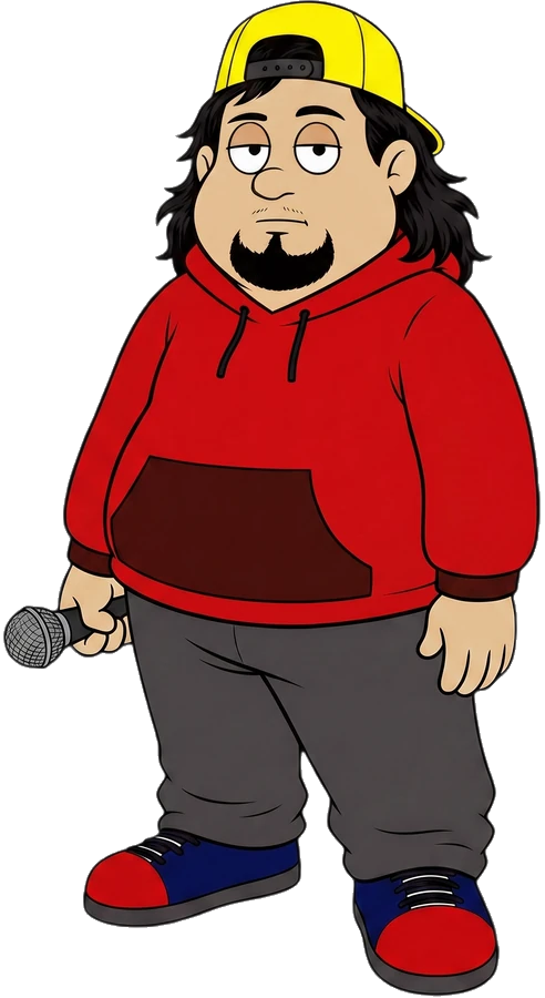 Paco, the long-haired cartoon comedian, holding a microphone